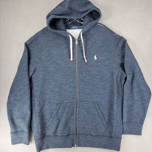 Polo Ralph‎ Lauren Full Zip Hoodie XL Blue Heather White Pony Rugby Weave Fleece